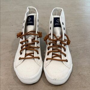 Sperry White High-Top Sneakers with Brown Laces
